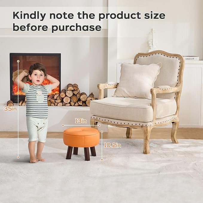 13in Small Foot Stool Ottoman, Round Faux Leather Foot Rest for Couch, Under Desk Pouf Footstool Footrest with Non-Skid Rubber Legs for Ling Room, Bedroom, 13''L x 13''W x 10.2''H, Orange