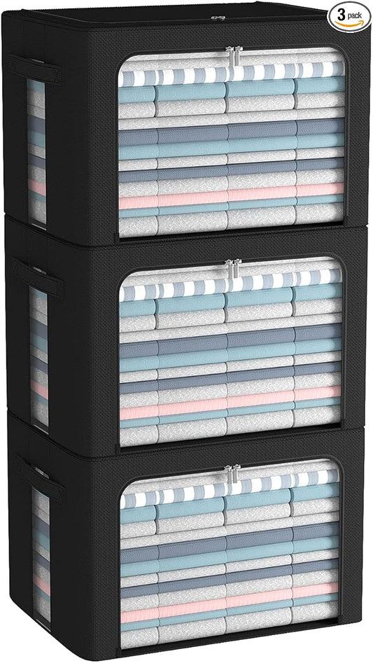 CYhom 3Pack Foldable Storage Bins - Frame Storage Box Linen Fabric Stackable Clothes Container Organizer with Clear Window & Carry Handles Large Capacity (Large-66L, Black)