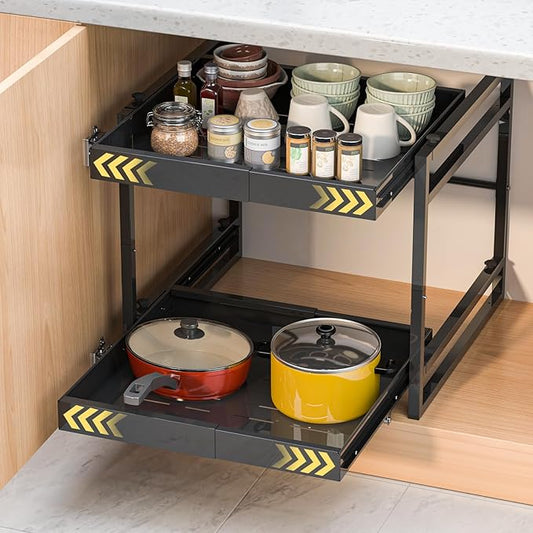 REALINN 2 Tier Pull Out Cabinet Organizer, 21 inch Depth Slide Out Shelves, Expandable 14"-22.5" Wide Heavy-Duty Cabinet Drawers for Kitchen Pots, Pans & Pantry Storage, Black