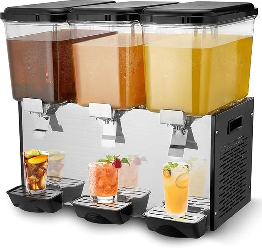 VEVOR Commercial Beverage Dispenser, 3 Tanks 18 L / 19 QT Per Tank Juice Dispenser, 512W Stainless Steel Ice Tea Drink Machine with 45°F-54°F Cooling Temperature, for Cold Drink Restaurant Bar Party