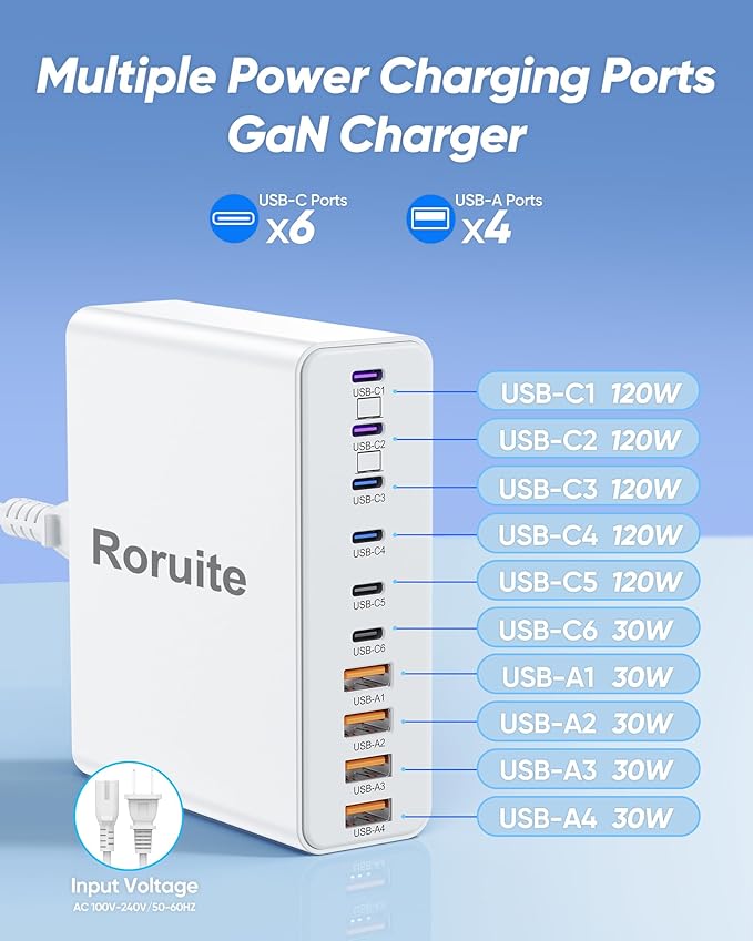800W USB Charging Station, 120W PD GaN5 Super Fast USB C Charger Block-10 Port, Type C for PC Laptop MacBook Pro/Air Charger Compatible with iPhone 17 16 15 14 13 12 Pro Max, iPad, Galaxy
