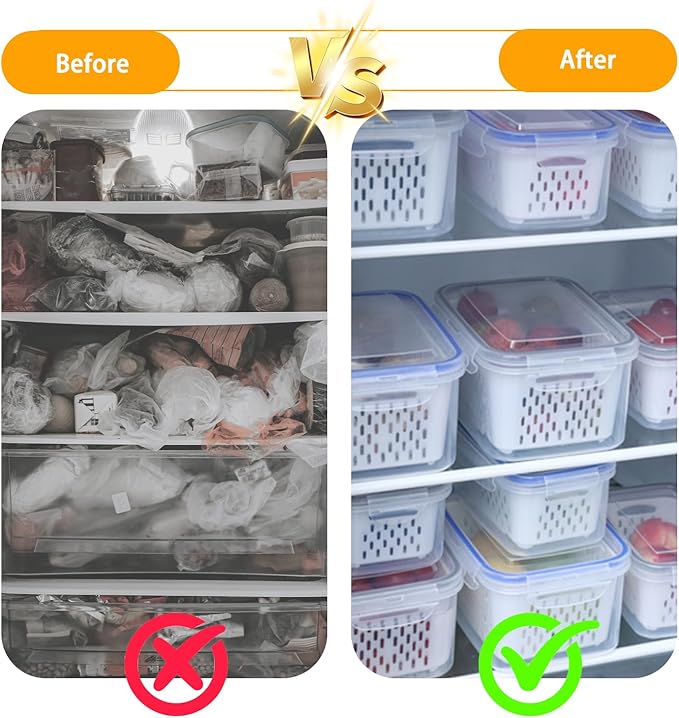 6 PCS Fruit Storage Containers for Fridge with Removable Colanders, Airtight Food Storage Container with Lids, Produce Saver, Leakproof Fridge Organizer Bins for Salad Berry Vegetables Keep Fresh