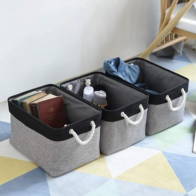 TheWarmHome Collapsible Storage Bin for Shelves - 16x12x8 inch Large 3 Pack Storage Basket for Organizing with Rope, Fabric Storage Cubes for Organizer Toy Cloth Gift Closet (Black & Grey)