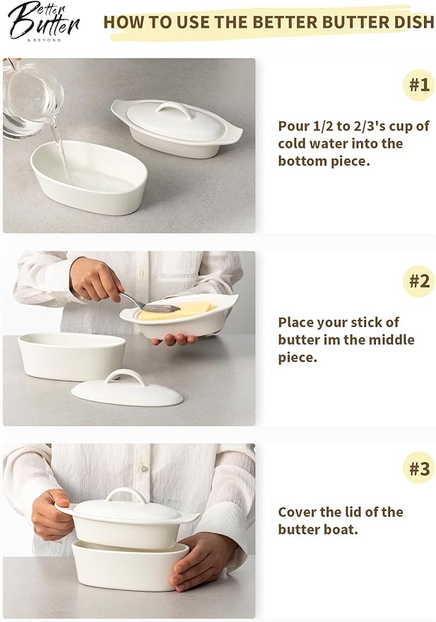 Butter Dish with Lid for Countertop - Porcelain White, 3pcs Large Butter Dish with Lid, Butter Keeper Container with Waterline Pefect for Daily Storage, Butter Holder with Handle - for Kitchen Decor
