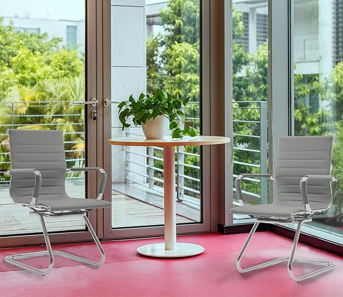 Office Desk Chair Set of 6,No Wheels PU Leather Computer Chairs Mid Back Guest Chairs with Seld Base for School/Reception/Conference/Waiting Room,Grey