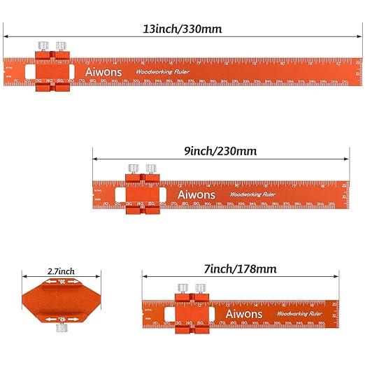 Woodworking Ruler Pocket Rule -12/8/6 Inch Precision Pocket Ruler with 45°& 30°Metal Slide Stop - Wood Marking Ruler Metric Inch Measuring Scribing Rulers - Aluminum Alloy Square Ruler