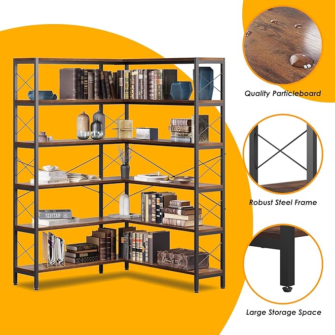 6-Shelf Corner Bookshelf, Vintage Industrial L Shaped Bookshelf Etagere Bookcase, Corner Shelf with Metal Frame Open Storage Rack Corner Book Shelf for Home Office Living Room (Retro Brown)