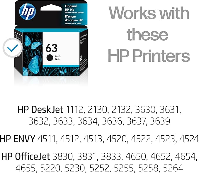 HP 63 Black Ink Cartridge for HP Printers | Works with Printer Series: DeskJet 1112, 2130, 3630; ENVY 4510, 4520; OfficeJet 3830, 4650, 5200 | Eligible for Instant Ink | F6U62AN