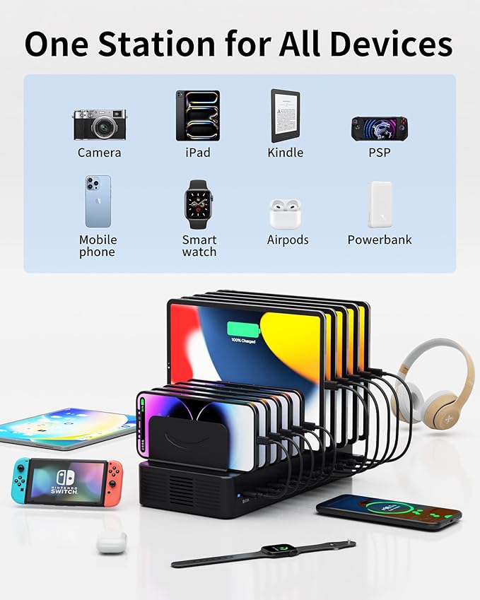 100W Charging Station for Multiple Devices, 10-Port USB Fast Charging Station with Adjustable Dividers & 10 Cables- Multi Device Organizer Charging Dock for iPhone, iPad, Tablets & More