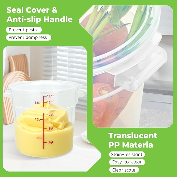 4 Pack Round Food Storage Containers with Lids, 18Qt Translucent Commercial Food Container, Polypropylene, BPA Free, Includes Labels & Measuring Cups