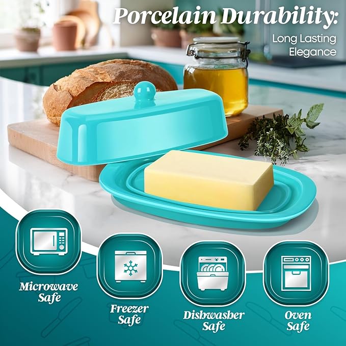 Flexzion Ceramic Blue European Butter Dish with Lid for Countertop (7 Inch) - 1 Stick Butter Holder for Counter, Cream Cheese Container Storage Keeper