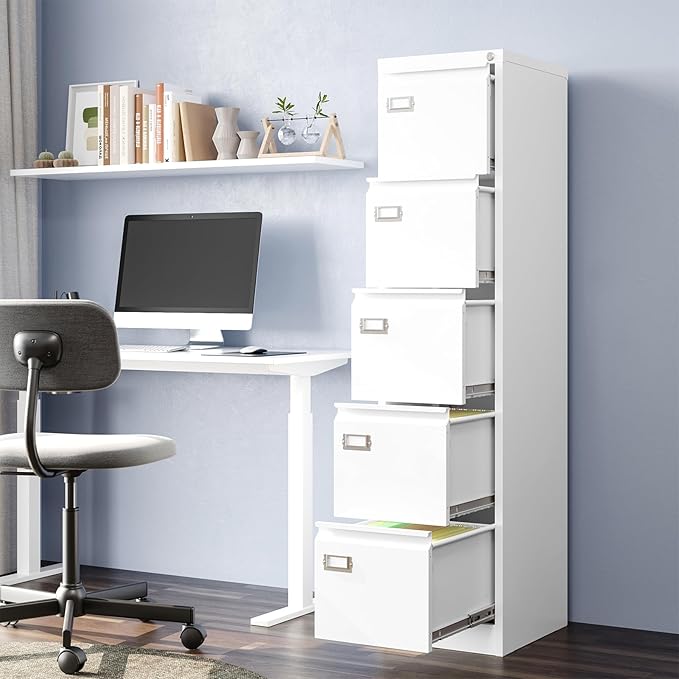 5-Drawer File Cabinet, 16.3" Deep Vertical Metal Filing Cabinet with Lock for Home Office, Anti-Tip 5 Storage Drawers for Letter/Legal/A4/F4 Size (Assemble Required, White)