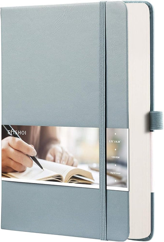 EMSHOI Lined Journal Notebook - 256 Numbered Pages 120gsm Thick Leather Journal with Sticky Notes, A5 Hardcover College Ruled Notebook for Women Men Work School Writing, Medium 5.75" x 8.38"-GrayBlue