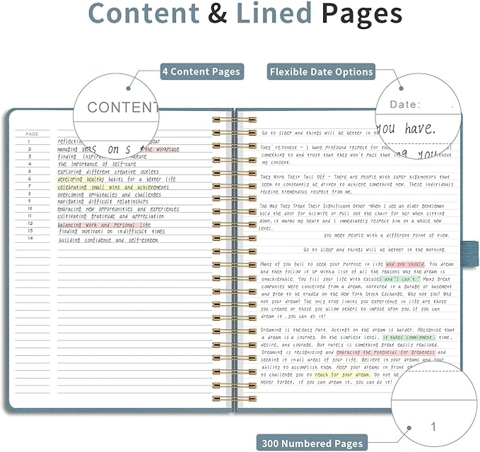 EMSHOI A4 Leather Hardcover Spiral Notebook College Ruled – 300 Numbered Pages, 100 GSM, Lined Journal for Women & Men Work, Journaling, Note-Taking, 8.27” x 11.2” Gray Blue