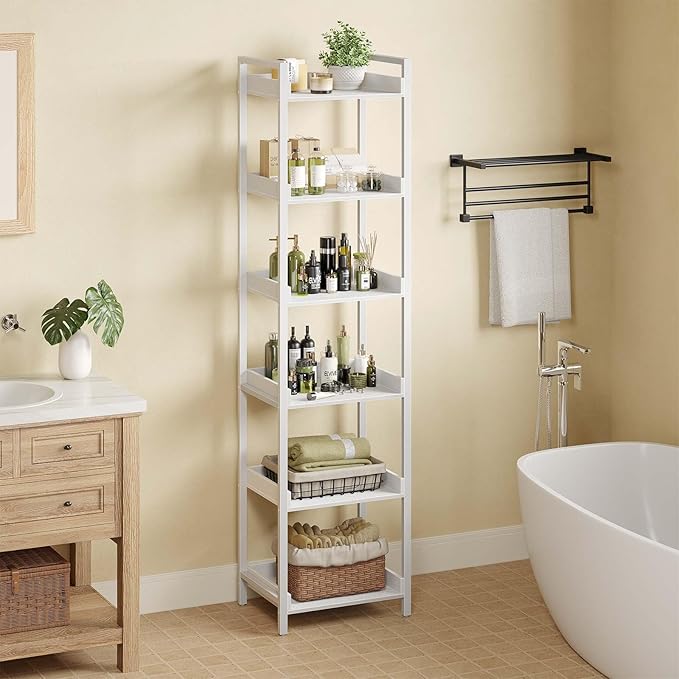 Rolanstar Bookshelf, 6-Tier Storage Rack, Narrow Corner Bookshelf, Display Wooden Shelves for Living Room, Bathroom, Balcony, Kitchen,White