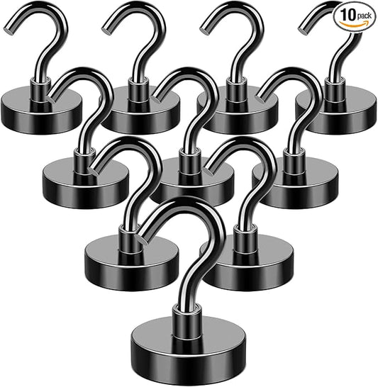 MIKEDE Magnetic Hooks, 50Lbs Strong Neodymium Black Magnet Hook for Hanging, Heavy Duty Magnetic Hooks Classroom Must Have, Magnet with Hooks for Home, Kitchen, Workplace, School - Pack of 10
