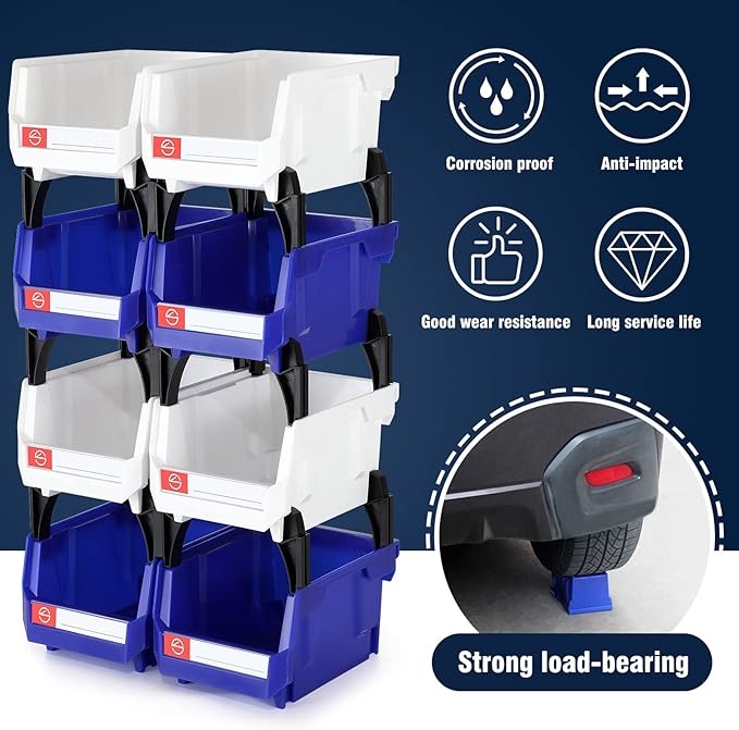 Pe&Hui Storage Organizer Bins,Wall Mount Storage Parts Rack,Stackable Shop Tool Bins for store Screws,Small Parts,Office Supplies and other Accessories (8Pack Blue&White) …