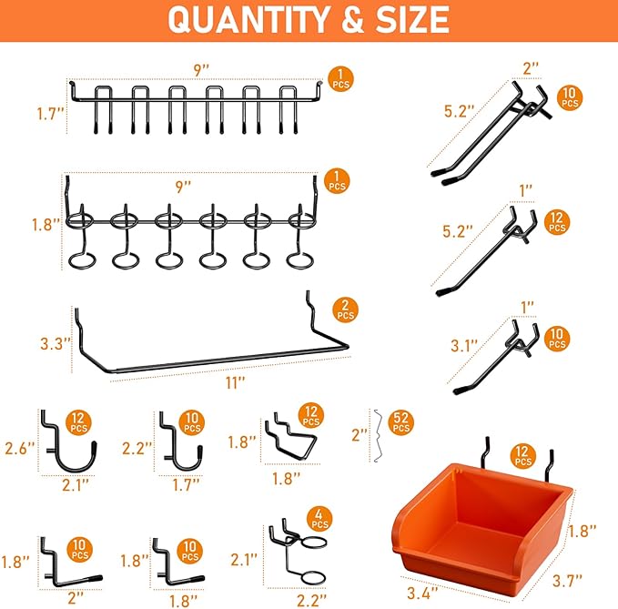 INCLY 48x24 Inch Metal Peg Board Kit with 1/4" Pegboard Hooks Accessories, 4PCS Pegboard Panels and 156PCS Black Pegboard Wall Organizer Tool Storage System for Garage Workbench Shed