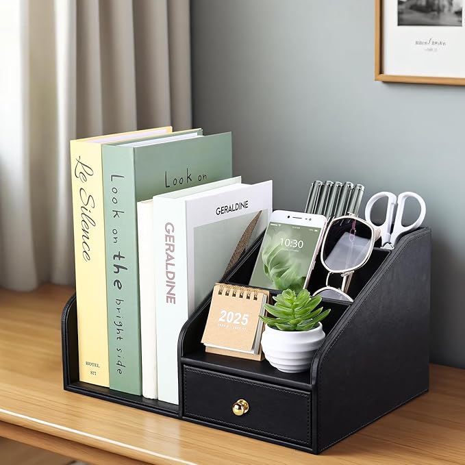 GORESE PU Leather Desk Organizer, File Organizer with Drawer and 4 Compartments, Desktop Organization with Magazine file Holder for Office Supplies, Elegant Gift for Men Who Have Everything, Black