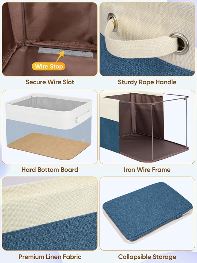 BALEINE 1 Pack Fabric Storage Bins for Shelves, Linen Storage Baskets for Organizing, Decorative Closet Bins for Clothes, Home (Navy Blue, 14''x10''x8.5'')