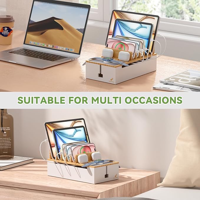 Pezin&Hulin Multi Devices Charging Station, With USB Adapter and 6 Cables, Cord Organizer for Desk, Cell Phone Charger Dock to Management Cables and Power Strip, Desktop Cord Hider Box -Natural +White