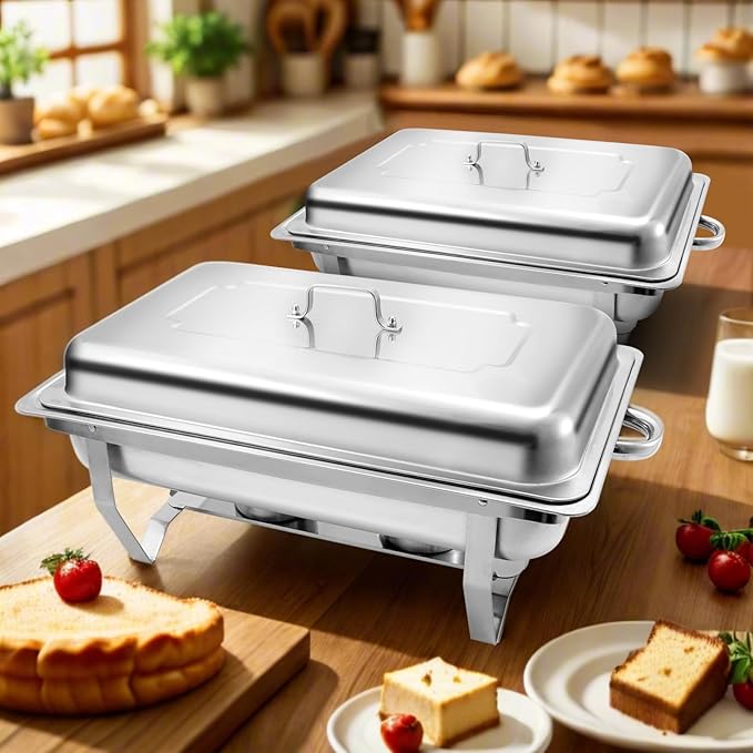 8 Qt 8 Pack Full Size Stainless Steel Chafing Dishes Buffet Set, Silver Rectangular Catering Chafer Warmer Set with Trays Pan Lid Folding Frame Stand for Kitchen Party Banquet Dining