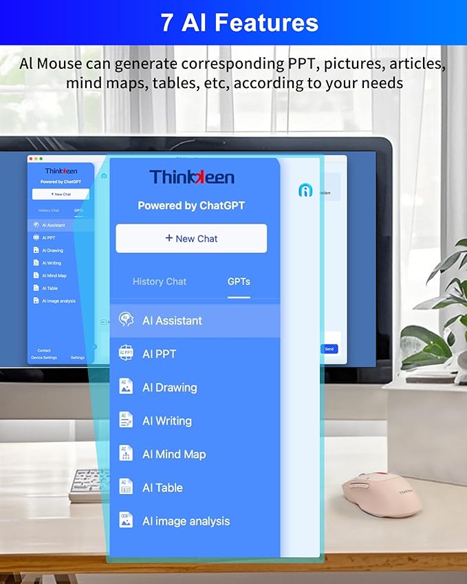 2025 AI Mouse, Bluetooth Wireless Mouse with Voice Input Search, Voice and Word Translation, Form Document Output, Code Generation, AI Writing, AI Drawing, Rechargeable, for Windows, macOS(Pink)