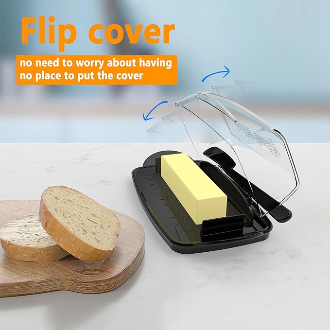 Butter Dishes with Lid for Countertop Refrigerator, Plastic Butter Dish Clear Flip Top Lid Butter Container with Spreader, Non-Slip Bottom Butter Holder Keeper (Transparent Cover Black)