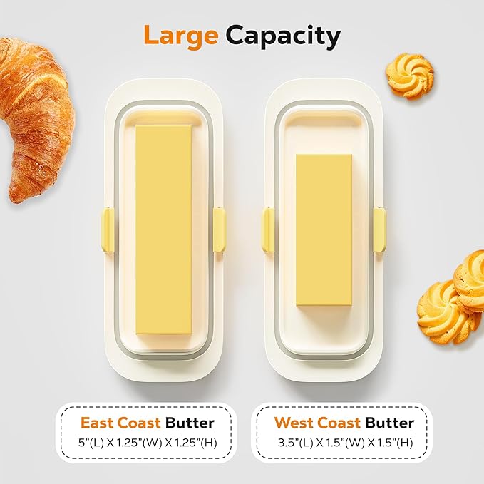 Butter Dish with Lid for Countertop and Refrigerator Door Shelf, Airtight Butter Keeper Container, Locking Butter Holder for East/West Coast Butter, BPA-free, Microwave/Dishwasher Safe