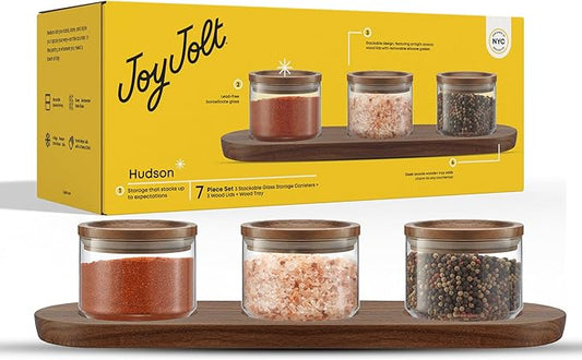 JoyJolt Holden 14oz Stackable Glass Storage Containers with Lids and Wooden Tray, Small Airtight Food Canister Set of 3 with Acacia Wood Lids, Round Clear Stacking Pantry and Kitchen Containers