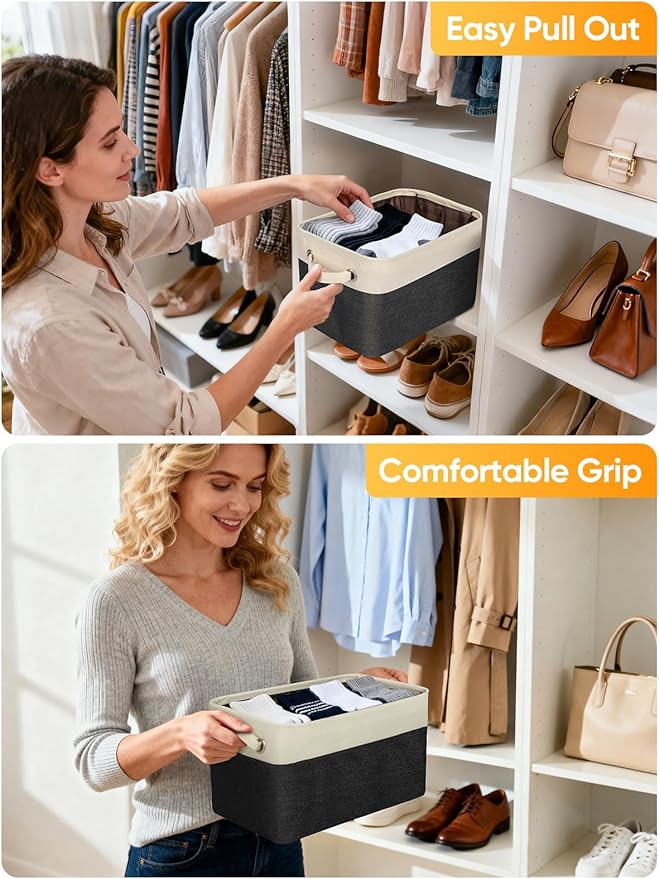 BALEINE 3 Pack Fabric Storage Bins for Shelves, Linen Storage Baskets for Organizing, Decorative Closet Bins for Clothes, Home (Black, 15"x11"x9.5")