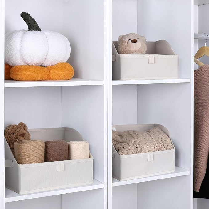 WUIKE Closet Storage Bins, Large Trapezoid Storage Boxes with Handles, Fabric Storage Baskets for Organizing Clothes, Sheets, Blankets, Decorative Storage Bins, White & Beige