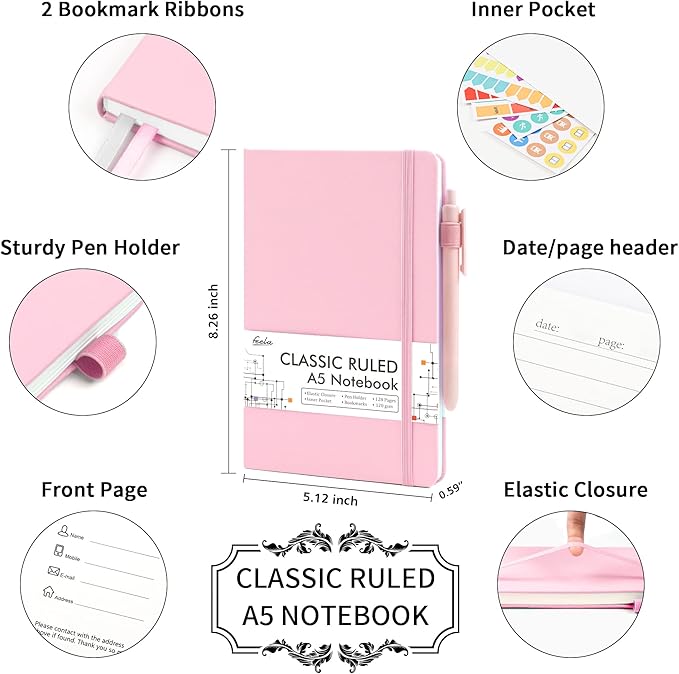 feela 3 Pack Notebooks Journals Bulk, Hardcover Notebook Classic Ruled Lined Journals with Pen Holder for Women Girls School Business Supplies, with 3 Black Pens, 120 GSM, 5.1”x8.3”, A5, Rose Pink