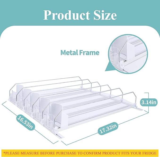 Drink Organizer For Fridge - Fridge Organizers Self Pushing Drink Dispenser, Drink Dispenser for Fridge w/Smooth Spring & Conveyor Belt, Adjustable 5 Can & Can Organizer for Refrigerator, 17.3"D
