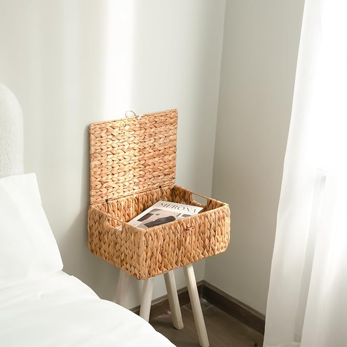 KOKODO Rectangular Water Hyacinth Basket with Lid for Organizing, Wicker Basket with Lid for Shelves and Closet, Handwoven Storage Basket with Lid and Handles