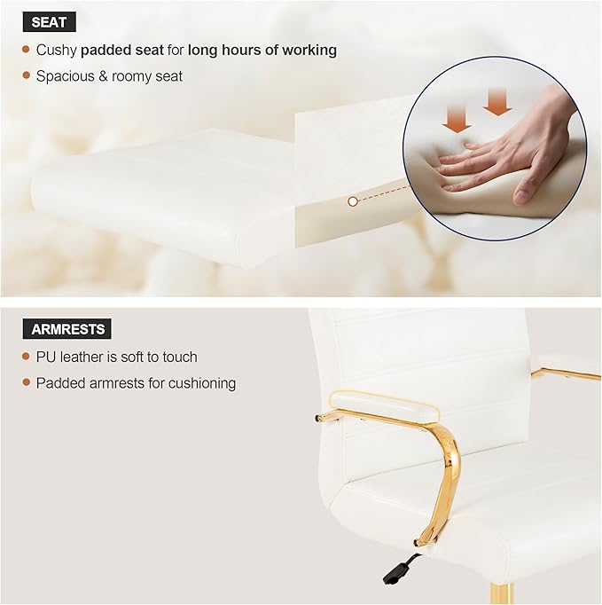 Office Desk Chair,Modern Leather Conference Room Chairs,High Back Home ofiice Chair,Adjustable Height Swivel Executive Computer Chair with Padded Seat and Armrest (White with Gold Frame)