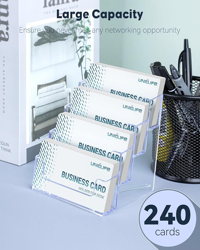 Uniclife 2 Pack Acrylic Business Card Holder for Desk 4 Slots Clear Business Card Display Stand for Men & Women Desktop Business Card Organizer Card Stand for Office Home Exhibition, 240 Card Capacity