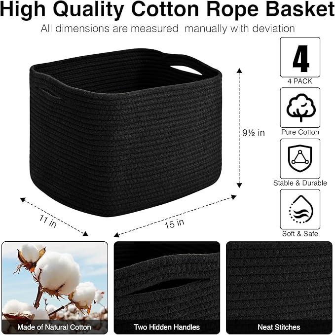Storage Baskets for Organizing & Shelves, Woven Cotton Rope Organization Bins for Dog Toys, Clothes, Books, Nursery Organizer, 15" Lx11''Wx9.5''H, (4 Packs) Black
