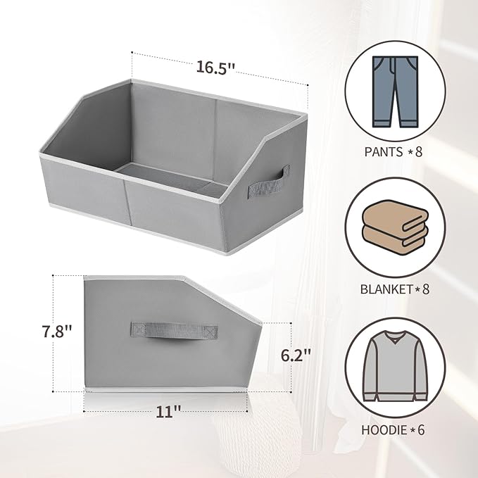 Large Storage Bins Baskets - 6 Pack Closet Storage Cubes, Fabric Baskets for Organizing, Cube Organizer Bins with Handles, Foldable Boxes for Clothes, Towels, Grey
