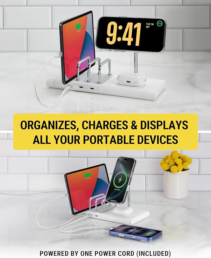 Scosche BaseLynx 2.0 Modular Charging Station with 15W MagSafe Wireless Charger Stand, 5W Charging Pad for AirPods Pro and 3 Port 60W USB-C Multi Device Fast Phone Charger Compatible with Apple iPhone