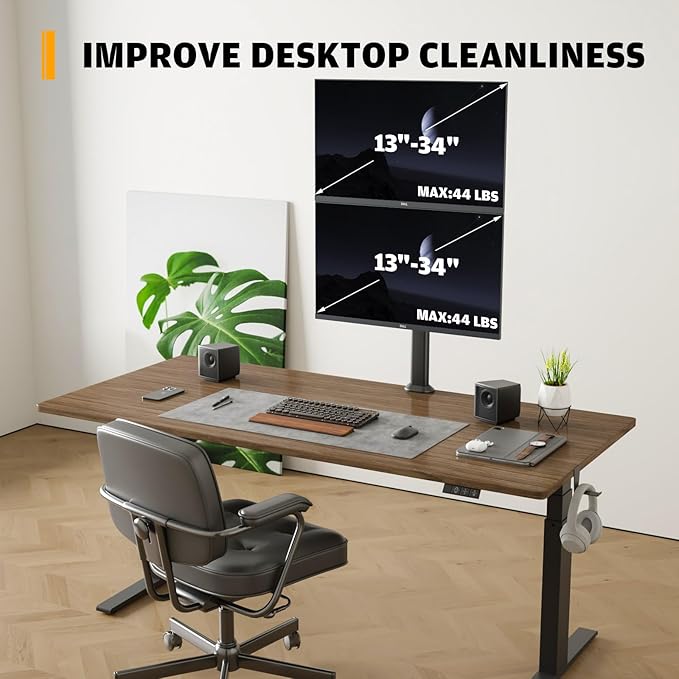 HEMUDU Dual Monitor Articulating Desk Mount Arm Stand - Vertical Stack Screen Supports Two 13 to 34 Inch Computer Monitors with C Clamp