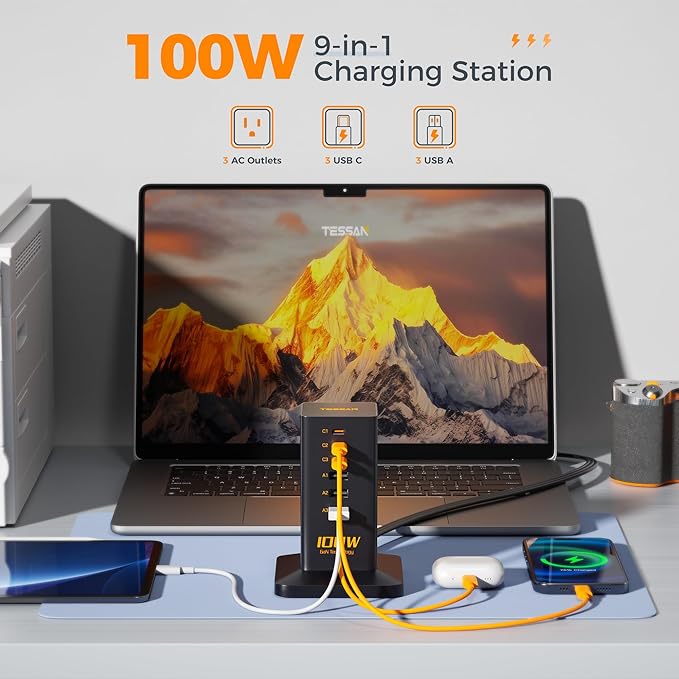 Charging Station PD 100W, TESSAN 9-in-1 USB C Power Strip for iPhone 17/16/15, MacBook, Tablet, Desktop Phone Fast Charger with 3 AC, 3 USB-A Ports, Home Drom Office Accessories