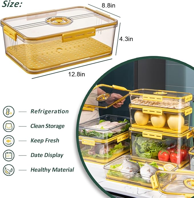 CottonColors Fridge Organizer, Food Storage Containers With Lids for Timer & Drain Board Stackable Refrigerator Organizers and Storage（Tall, Large, 4.5 L）