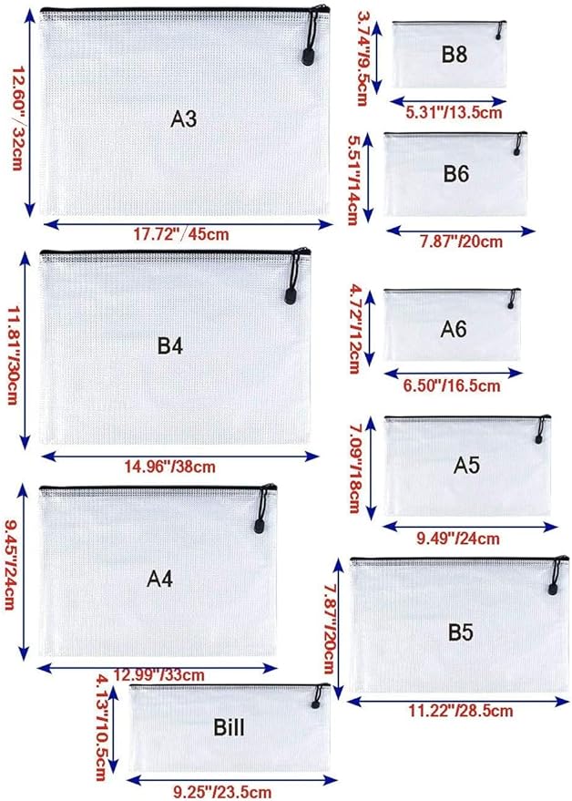 Oaimyy-A5(9"x 7",12 Pcs),Plastic Mesh Zipper Pouch Document Folders Bag & Zip File Folders for School Office Supplies, Travel,Puzzles Games Organizing Storage-Black