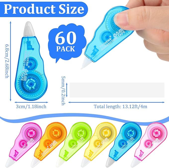Chivao 60 Pack Mini Correction Tape Bulk Ink Corrector Eraser Tape Set 13.12 ft Cute Aesthetic Colorful Instant Correction Applicator for Office School Student Stationery Supplies, 0.2 x 158 Inch
