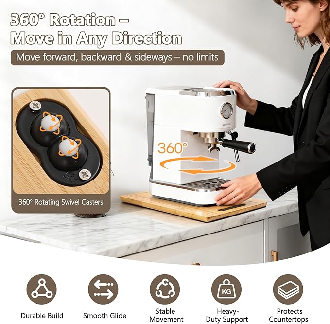Fullin 360°Appliance Slider, Bamboo Sliding Tray for Coffee Maker, Appliance Sliding for Kitchen Appliances Countertop Slides Easily from Under The Cabinet Rolling Tray with 360°Rotation Rubber Wheels