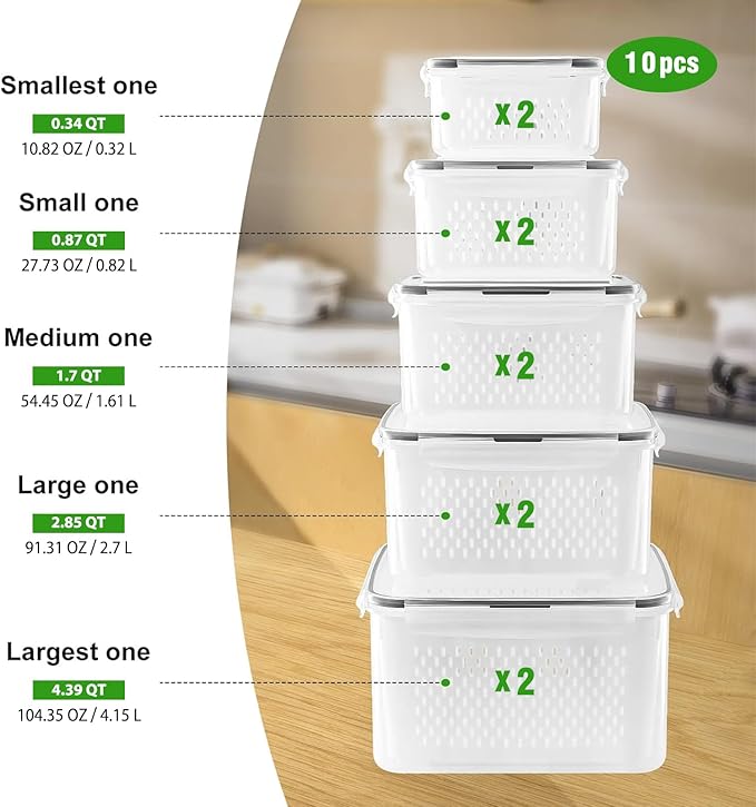 Freshmage Fruit Storage Containers for Fridge with Removable Colander, Airtight Food Storage Container, Dishwasher Safe Produce Saver for Refrigerator, Keep Berry Fruit Fresh Longer 6 pcs Large Clear