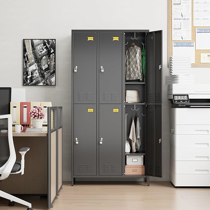 6 Doors Metal Locker for Employees with 18 Hooks and Business Card Holder,Metal Locker with Ventilation Holes for School Garage Office Gym Home,Assembly Required,Black