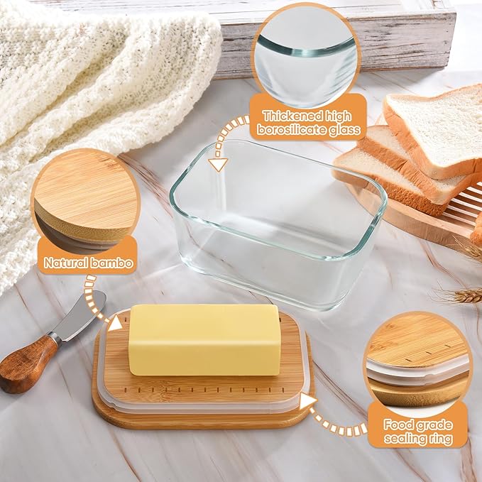 Glass Butter Dish With Sealed Lid - Large Tray for Refrigerator and Outdoor Use - Dishwasher Safe