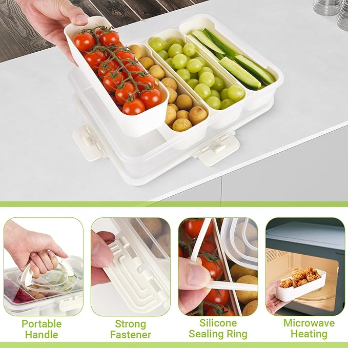 Snackle Box Container,Divided Serving Tray with Lid,4 Compartment Travel Snack Container,Fruit Veggie Tray with Lid for Fridge Fresh Keeping,Multipurpose Storage Box for Picnic,Party,Travel